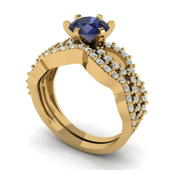 Clara Pucci 14K Yellow Gold Round Cut 1Ct Simulated Blue Sapphire Engagement Ring + Matching Band - Luxury Box Included