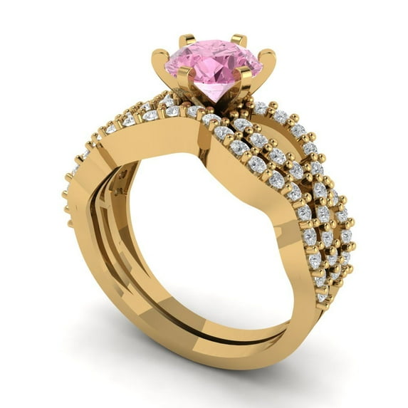 Clara Pucci 14K Yellow Gold Round Cut 1Ct Simulated Pink Diamond Engagement Ring + Matching Band - Luxury Box Included