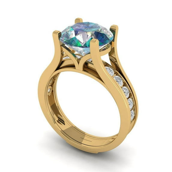 Clara Pucci 14K Yellow Gold Round Cut 3Ct Synthetic Blue Moissanite Engagement Ring + Matching Band - Luxury Box Included