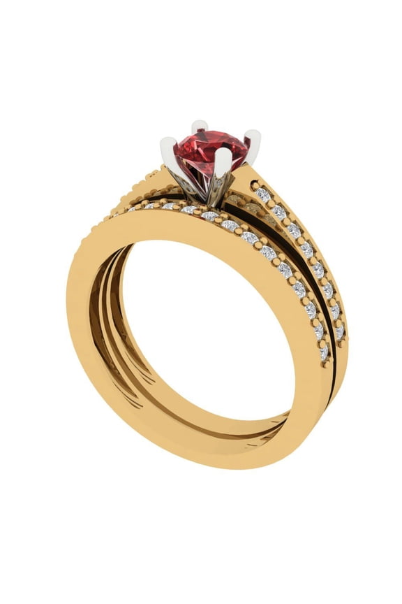 14K Yellow/White Gold 0.86 Natural Garnet Engraveable Engagement Ring + Wedding Band Set