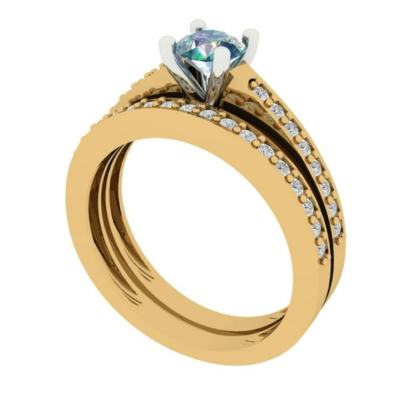 Clara Pucci 14K Yellow/White Gold 0.86 Synthetic Blue Moissanite Engraveable Engagement Ring + Wedding Band Set
