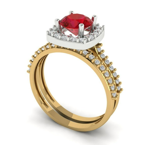 Clara Pucci 14K Yellow/White Gold 1.495 Simulated Ruby Engraveable Engagement Ring + Wedding Band Set