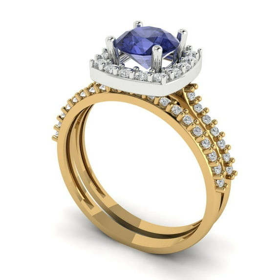 Clara Pucci 14K Yellow/White Gold 1.495 Simulated Tanzanite Engraveable Engagement Ring + Wedding Band Set