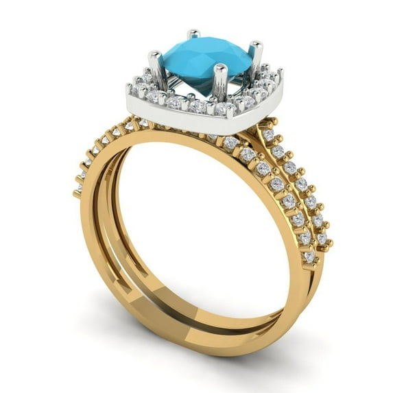Clara Pucci 14K Yellow/White Gold 1.495 Simulated Turquoise Engraveable Engagement Ring + Wedding Band Set