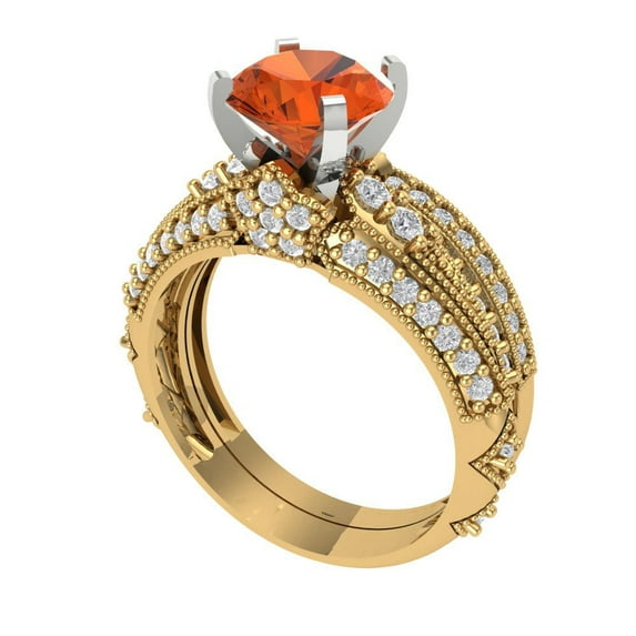 Clara Pucci 14K Yellow/White Gold 2.095 Simulated Red Diamond Engraveable Engagement Ring + Wedding Band Set