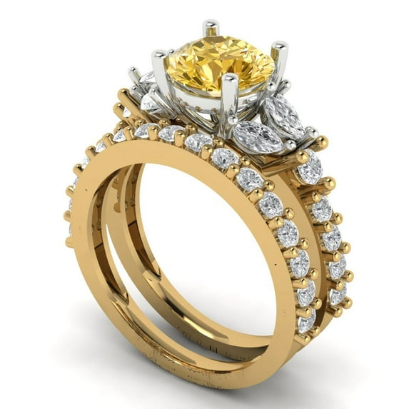 Clara Pucci 14K Yellow/White Gold 2.94 Natural Citrine Engraveable Engagement Ring + Wedding Band Set