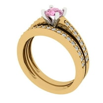 Clara Pucci 14K Yellow/White Gold Round Cut 0.5Ct Simulated Pink Diamond Engagement Ring   Matching Band - Luxury Box Included