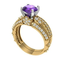 Clara Pucci 14K Yellow/White Gold Round Cut 1.5Ct Natural Amethyst Engagement Ring   Matching Band - Luxury Box Included