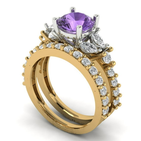 Clara Pucci 14K Yellow/White Gold Round Cut 1.5Ct Simulated Alexandrite Engagement Ring + Matching Band - Luxury Box Included