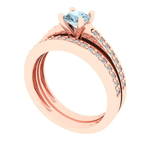 Clara Pucci 18K Rose Gold 0.86 Natural Sky Blue Topaz Engraveable Engagement Ring + Wedding Band Set