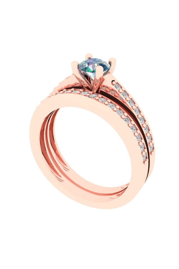 18K Rose Gold 0.86 Synthetic Blue Moissanite Engraveable Engagement Ring + Wedding Band Set