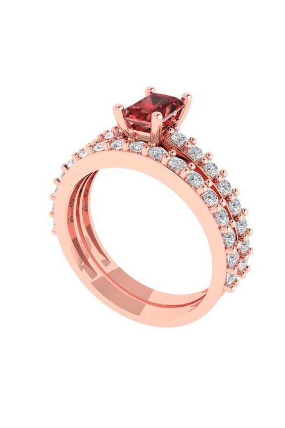 18K Rose Gold 1.325 Natural Garnet Engraveable Engagement Ring + Wedding Band Set