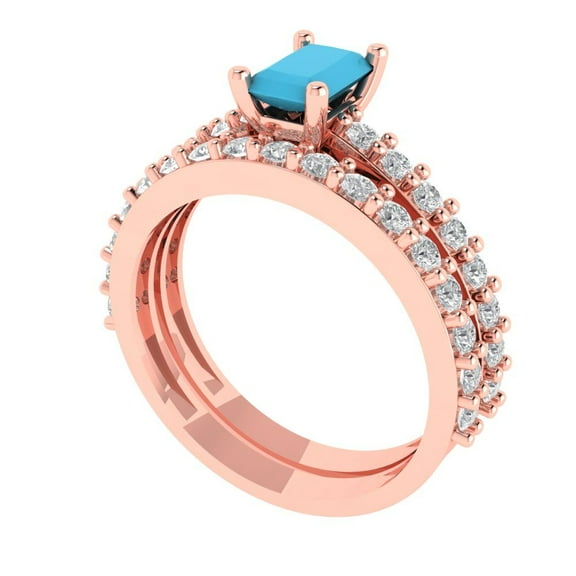 Clara Pucci 18K Rose Gold 1.325 Simulated Turquoise Engraveable Engagement Ring + Wedding Band Set