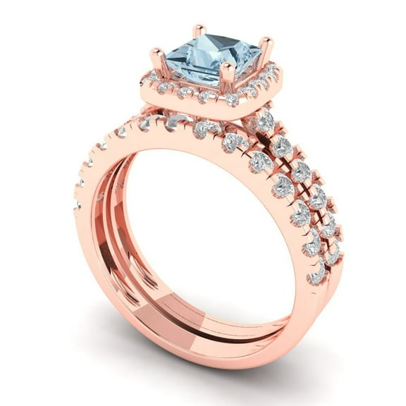 Clara Pucci 18K Rose Gold 1.56 Natural Aquamarine Engraveable Engagement Ring + Wedding Band Set