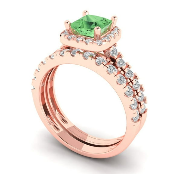 Clara Pucci 18K Rose Gold 1.56 Simulated Green Diamond Engraveable Engagement Ring + Wedding Band Set