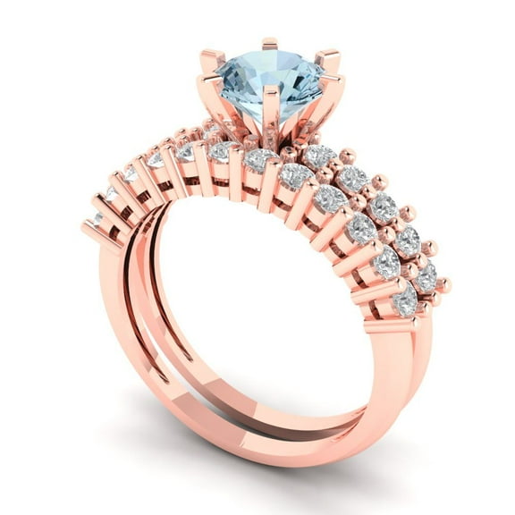 Clara Pucci 18K Rose Gold 1.66 Natural Sky Blue Topaz Engraveable Engagement Ring + Wedding Band Set
