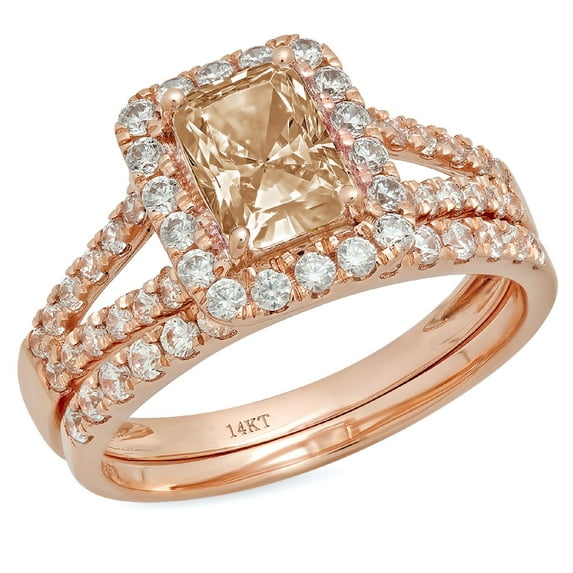 Clara Pucci 18K Rose Gold 1.72 Simulated Champagne Engraveable Engagement Ring + Wedding Band Set