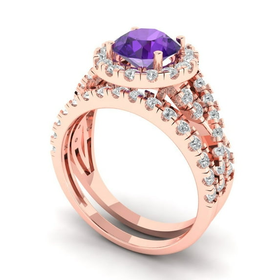 Clara Pucci 18K Rose Gold 1.795 Natural Amethyst Engraveable Engagement Ring + Wedding Band Set