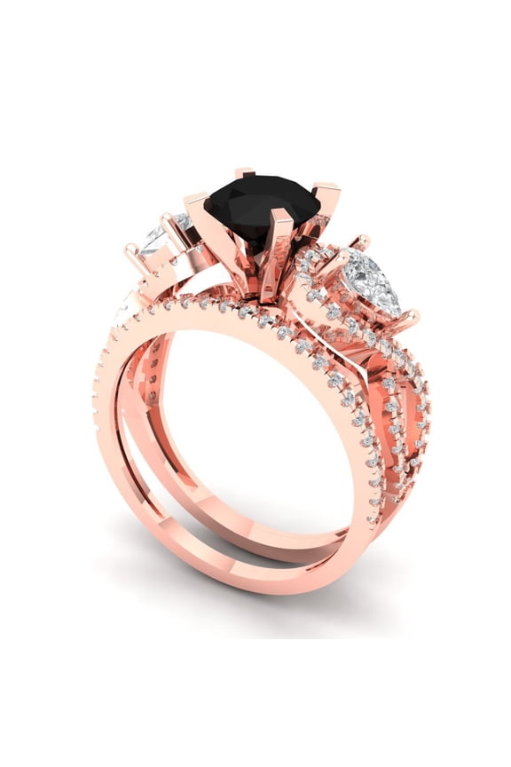 18K Rose Gold 1.925 Natural Onyx Engraveable Engagement Ring + Wedding Band Set