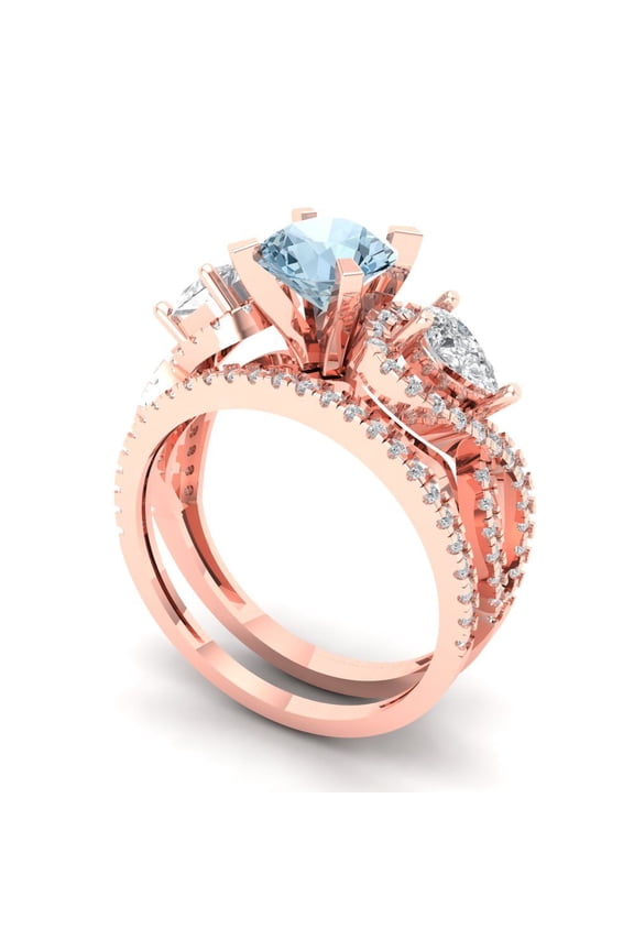 18K Rose Gold 1.925 Natural Sky Blue Topaz Engraveable Engagement Ring + Wedding Band Set