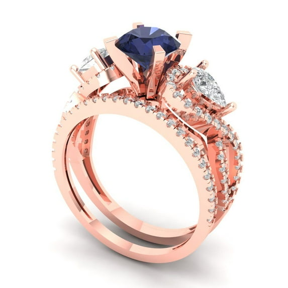 Clara Pucci 18K Rose Gold 1.925 Simulated Blue Sapphire Engraveable Engagement Ring + Wedding Band Set