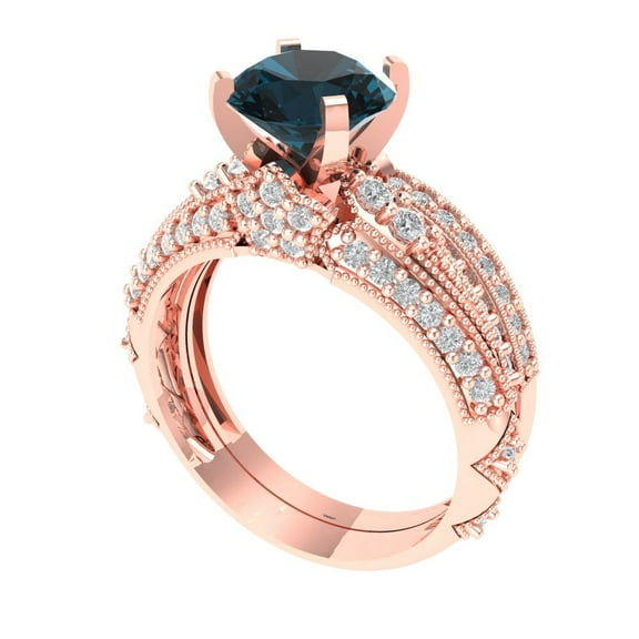 Clara Pucci 18K Rose Gold 2.095 Natural London Blue Topaz Engraveable Engagement Ring + Wedding Band Set