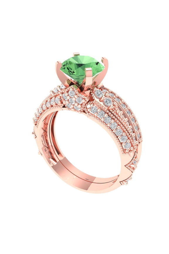 18K Rose Gold 2.095 Simulated Green Diamond Engraveable Engagement Ring + Wedding Band Set