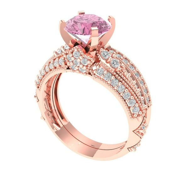 Clara Pucci 18K Rose Gold 2.095 Simulated Pink Diamond Engraveable Engagement Ring + Wedding Band Set