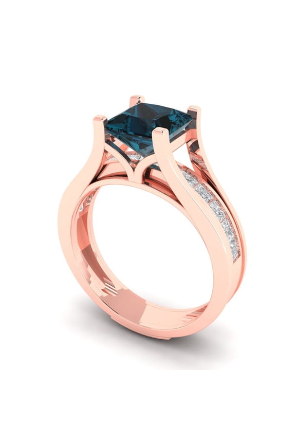 18K Rose Gold 2.28 Natural London Blue Topaz Engraveable Engagement Ring + Wedding Band Set