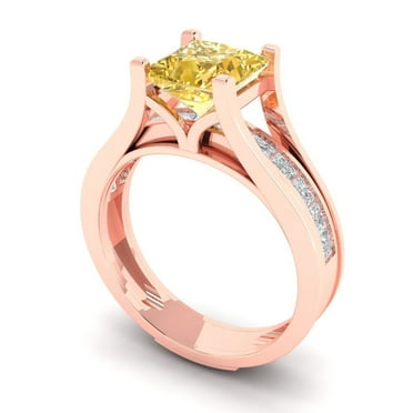 Clara Pucci 18K Rose Gold 2.28 Synthetic Yellow Moissanite Engraveable Engagement Ring + Wedding Band Set