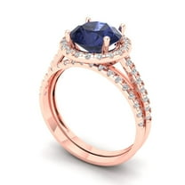 Clara Pucci 18K Rose Gold 2.52 Simulated Blue Sapphire Engraveable Engagement Ring   Wedding Band Set