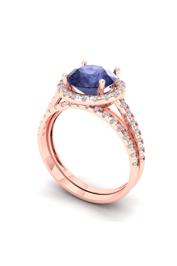 18K Rose Gold 2.52 Simulated Tanzanite Engraveable Engagement Ring + Wedding Band Set