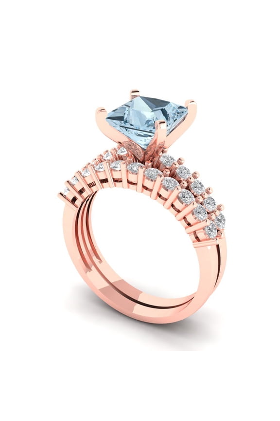 18K Rose Gold 2.63 Natural Sky Blue Topaz Engraveable Engagement Ring + Wedding Band Set