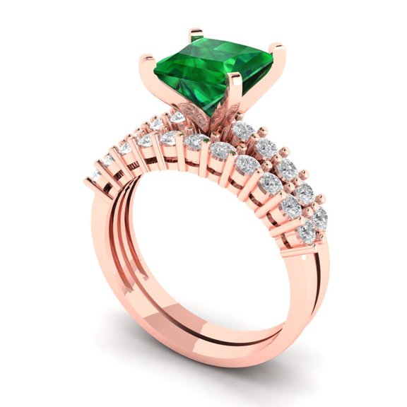 Clara Pucci 18K Rose Gold 2.63 Simulated Emerald Engraveable Engagement Ring + Wedding Band Set