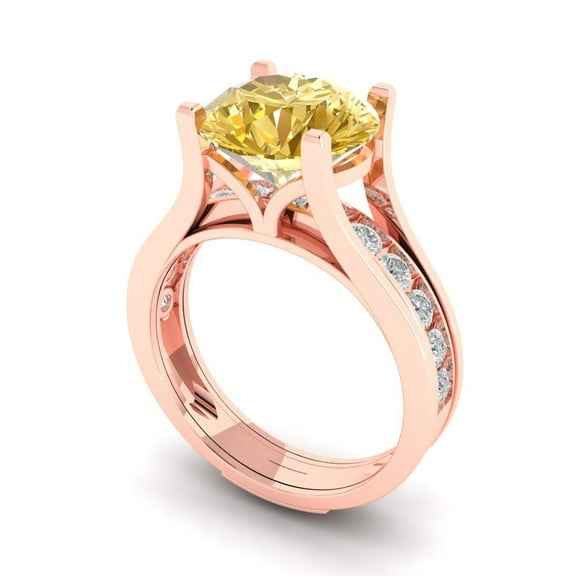 Clara Pucci 18K Rose Gold 3.39 Natural Citrine Engraveable Engagement Ring + Wedding Band Set