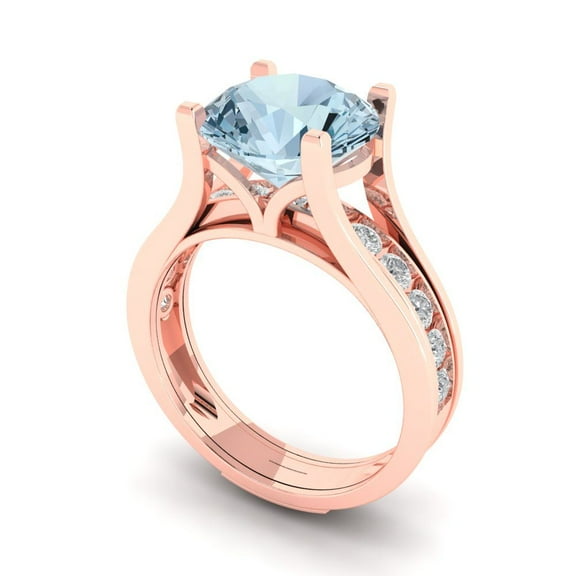 Clara Pucci 18K Rose Gold 3.39 Natural Swiss Blue Topaz Engraveable Engagement Ring + Wedding Band Set