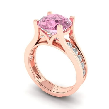 Clara Pucci 18K Rose Gold 3.39 Simulated Pink Diamond Engraveable Engagement Ring + Wedding Band Set