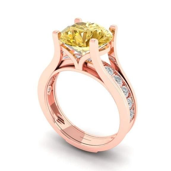 Clara Pucci 18K Rose Gold 3.39 Simulated Yellow Diamond Engraveable Engagement Ring + Wedding Band Set