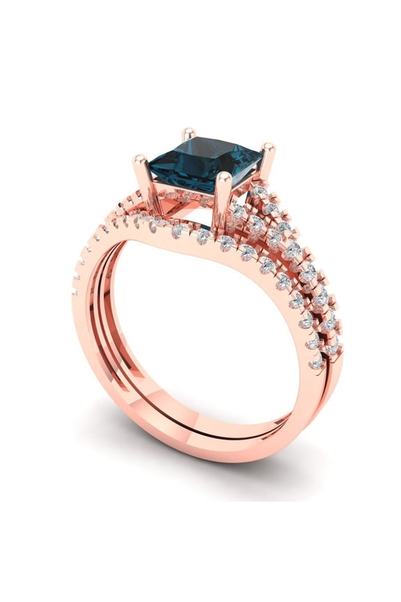 18K Rose Gold 3.4 Natural London Blue Topaz Engraveable Engagement Ring + Wedding Band Set