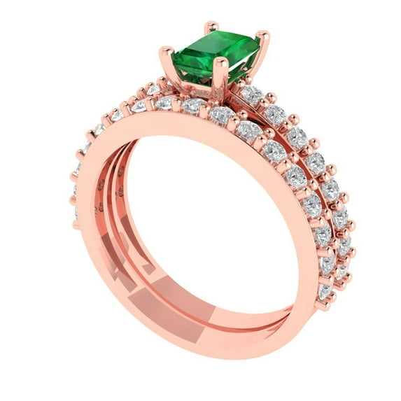 Clara Pucci 18K Rose Gold Emerald Cut 0.5Ct Simulated Emerald Engagement Ring + Matching Band - Luxury Box Included