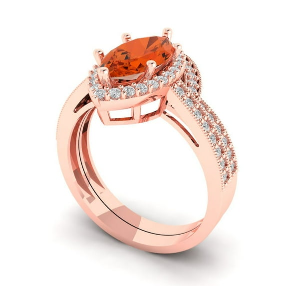 Clara Pucci 18K Rose Gold Marquise Cut 2Ct Simulated Red Diamond Engagement Ring + Matching Band - Luxury Box Included