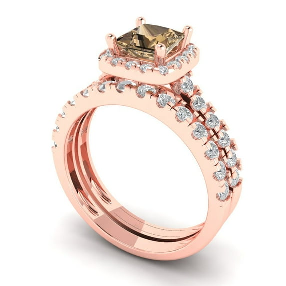 Clara Pucci 18K Rose Gold Princess Cut 0.75Ct Simulated Champagne Engagement Ring + Matching Band - Luxury Box Included