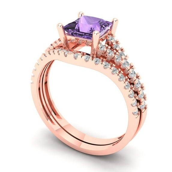 Clara Pucci 18K Rose Gold Princess Cut 1Ct Simulated Alexandrite Engagement Ring + Matching Band - Luxury Box Included