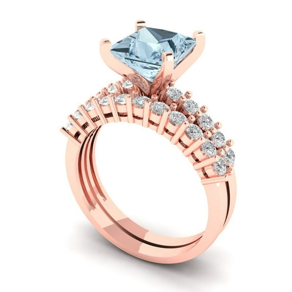 Clara Pucci 18K Rose Gold Princess Cut 2Ct Simulated Blue Diamond Engagement Ring + Matching Band - Luxury Box Included