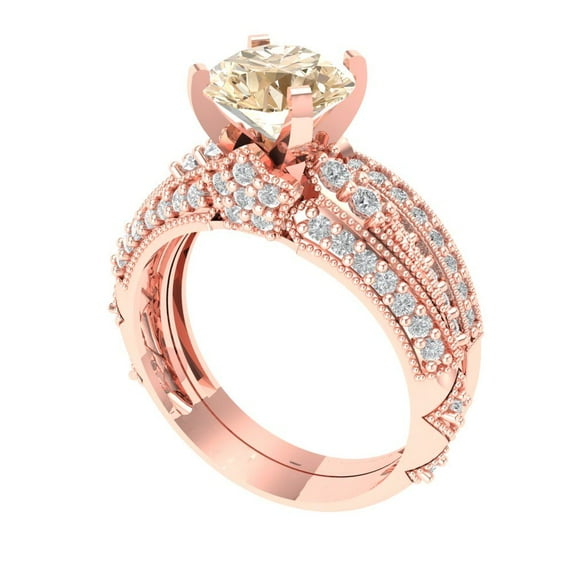 Clara Pucci 18K Rose Gold Round Cut 1.5Ct Natural Morganite Engagement Ring + Matching Band - Luxury Box Included