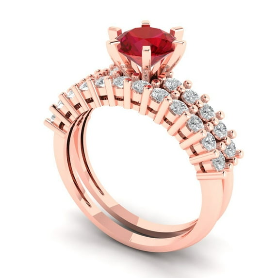 Clara Pucci 18K Rose Gold Round Cut 1Ct Simulated Ruby Engagement Ring + Matching Band - Luxury Box Included