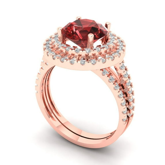 Clara Pucci 18K Rose Gold Round Cut 2Ct Natural Garnet Engagement Ring + Matching Band - Luxury Box Included