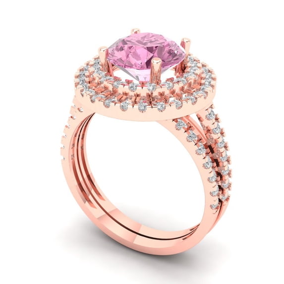 Clara Pucci 18K Rose Gold Round Cut 2Ct Simulated Pink Diamond Engagement Ring + Matching Band - Luxury Box Included