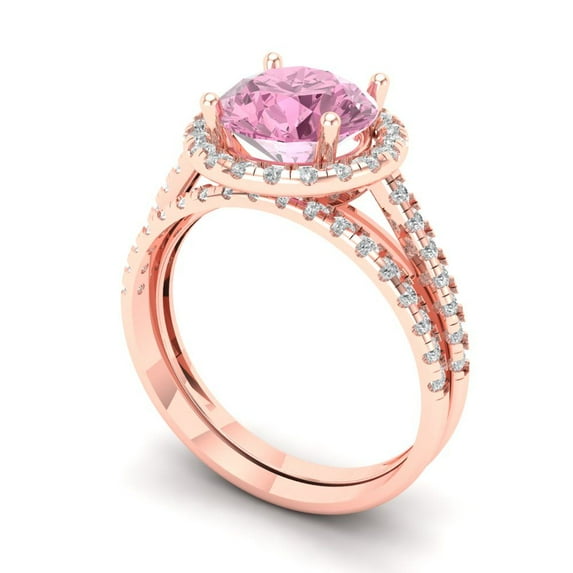 Clara Pucci 18K Rose Gold Round Cut 2Ct Simulated Pink Diamond Engagement Ring + Matching Band - Luxury Box Included