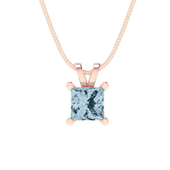 Clara Pucci 18K Rose Solid Hypoallergenic Gold 0.5Ct Blue Zircon Princess Cut Solitaire Designer Necklace Pendant For April